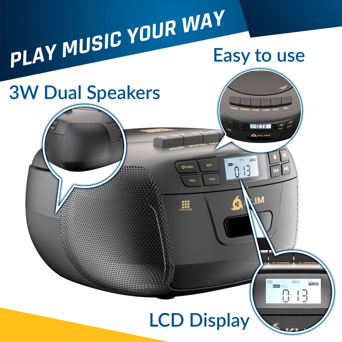 Black CD Cassette Player Boombox with Bluetooth and AM FM Radio E97832