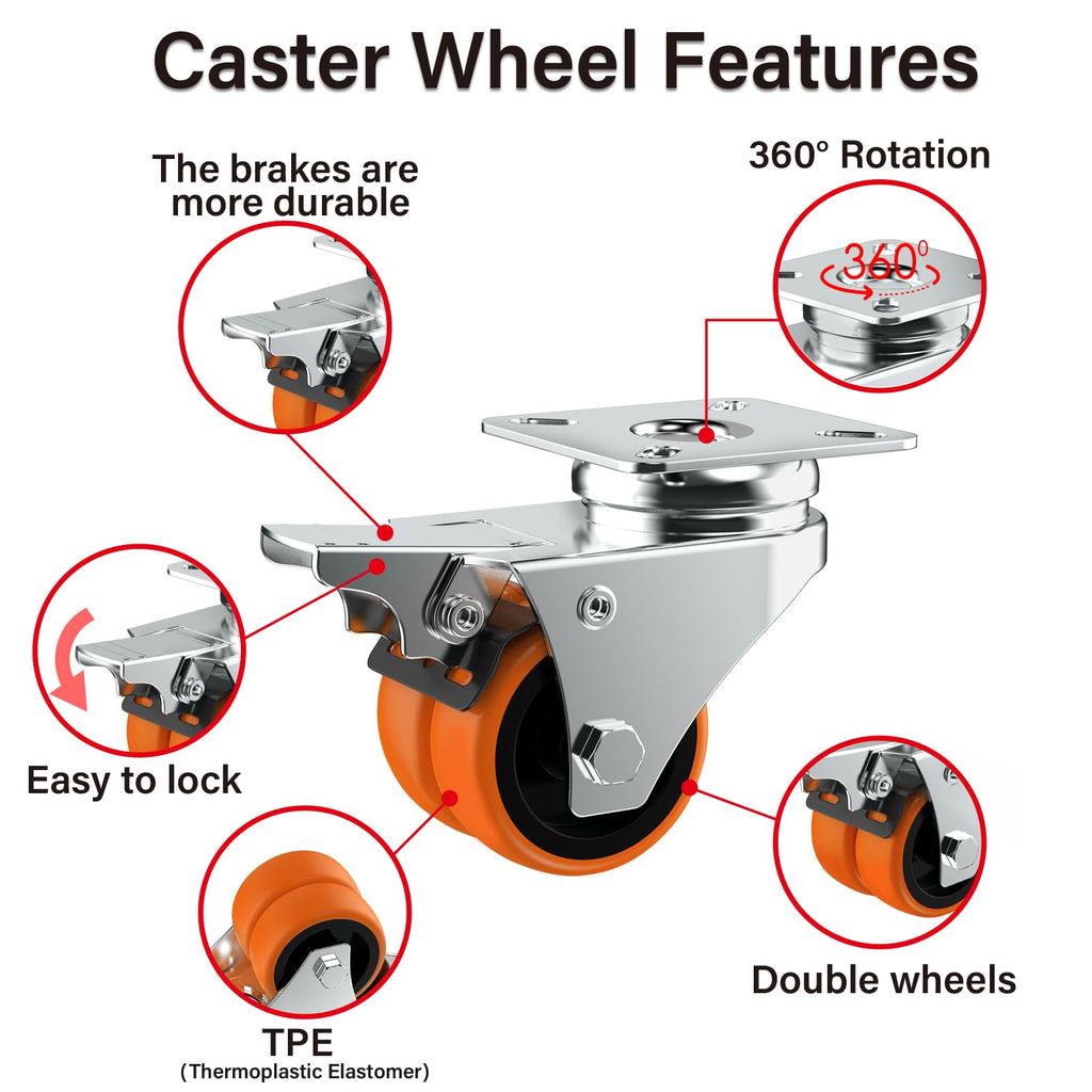 2" Double Wheel Casters with Brake 4 Pack S55673