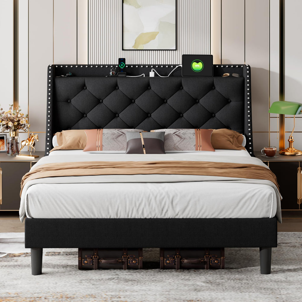 Queen Upholstered Platform Bed with Storage Headboard, Black P9494