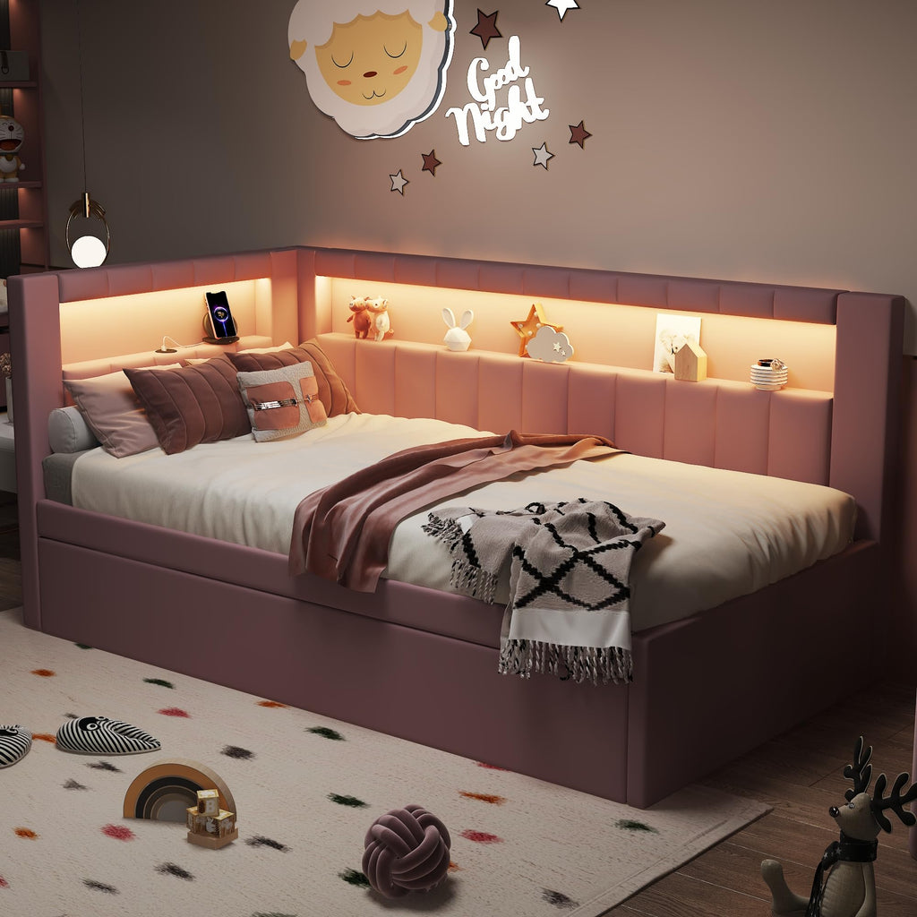 Twin Size Upholstered Linen Daybed with Trundle and Storage Headboard Z4491
