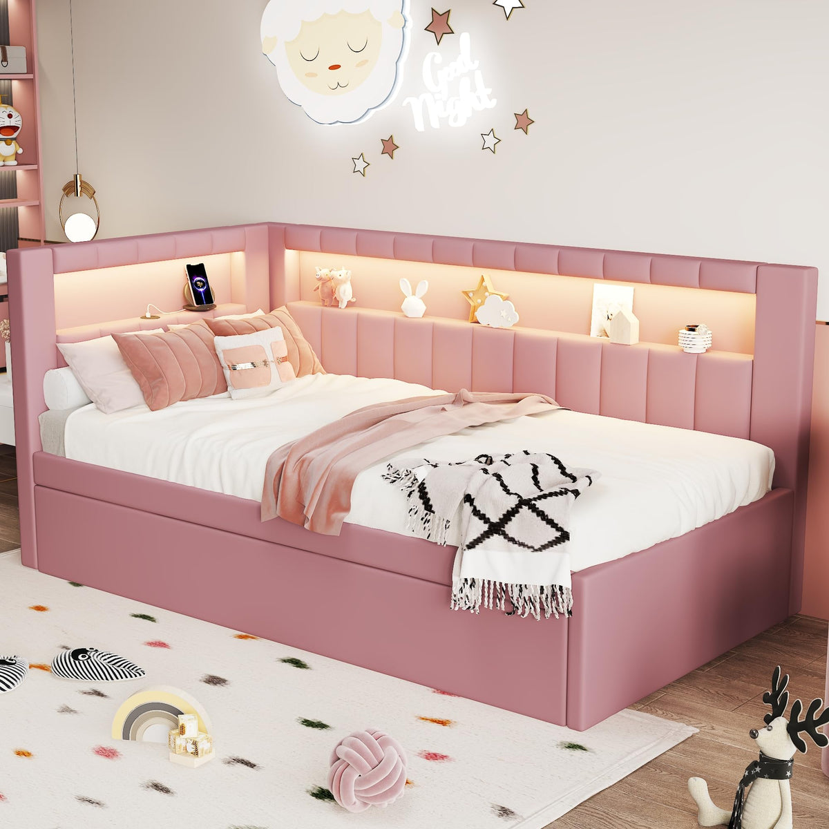 Twin Size Upholstered Linen Daybed with Trundle and Storage Headboard Z4491