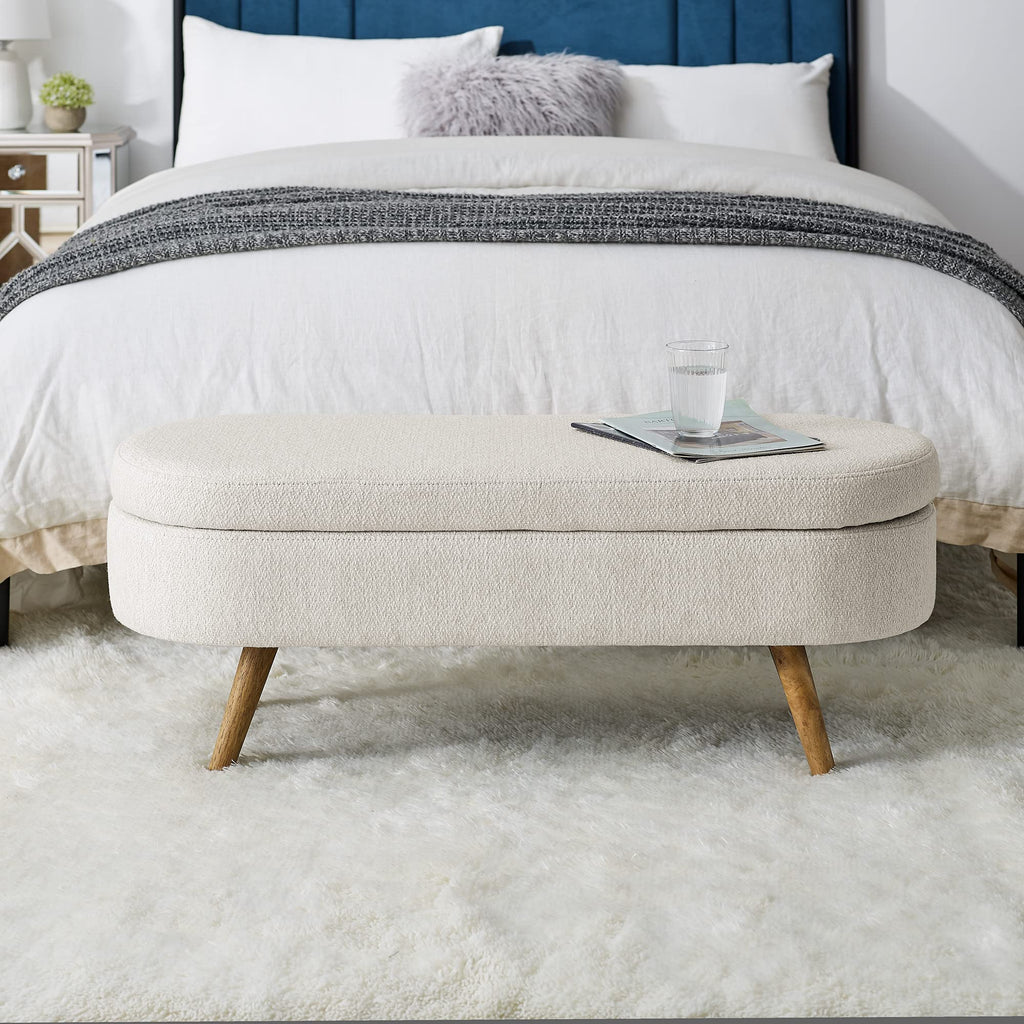 Beige Oval Storage Ottoman Bench with Rubber Wood Legs U7048