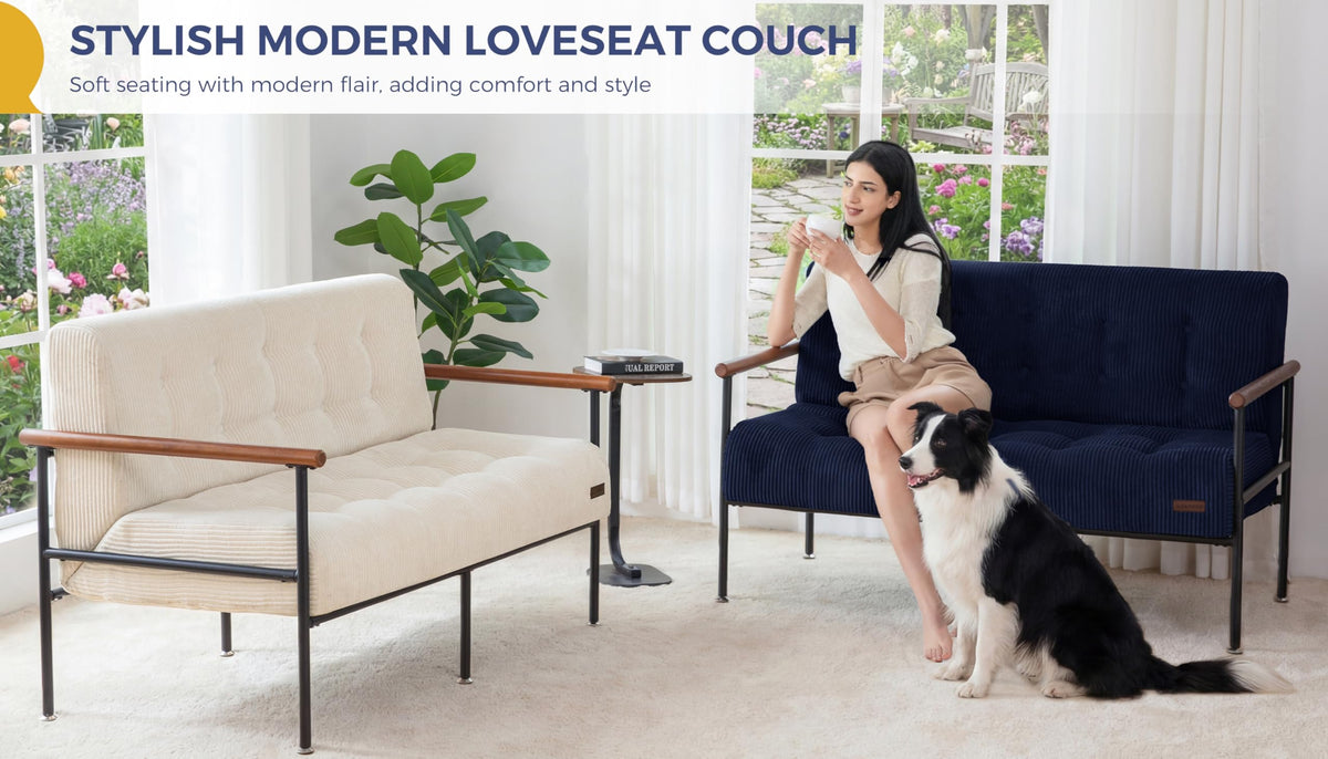Loveseat Sofa Chair with Metal Frame and Wood Armrests S5869