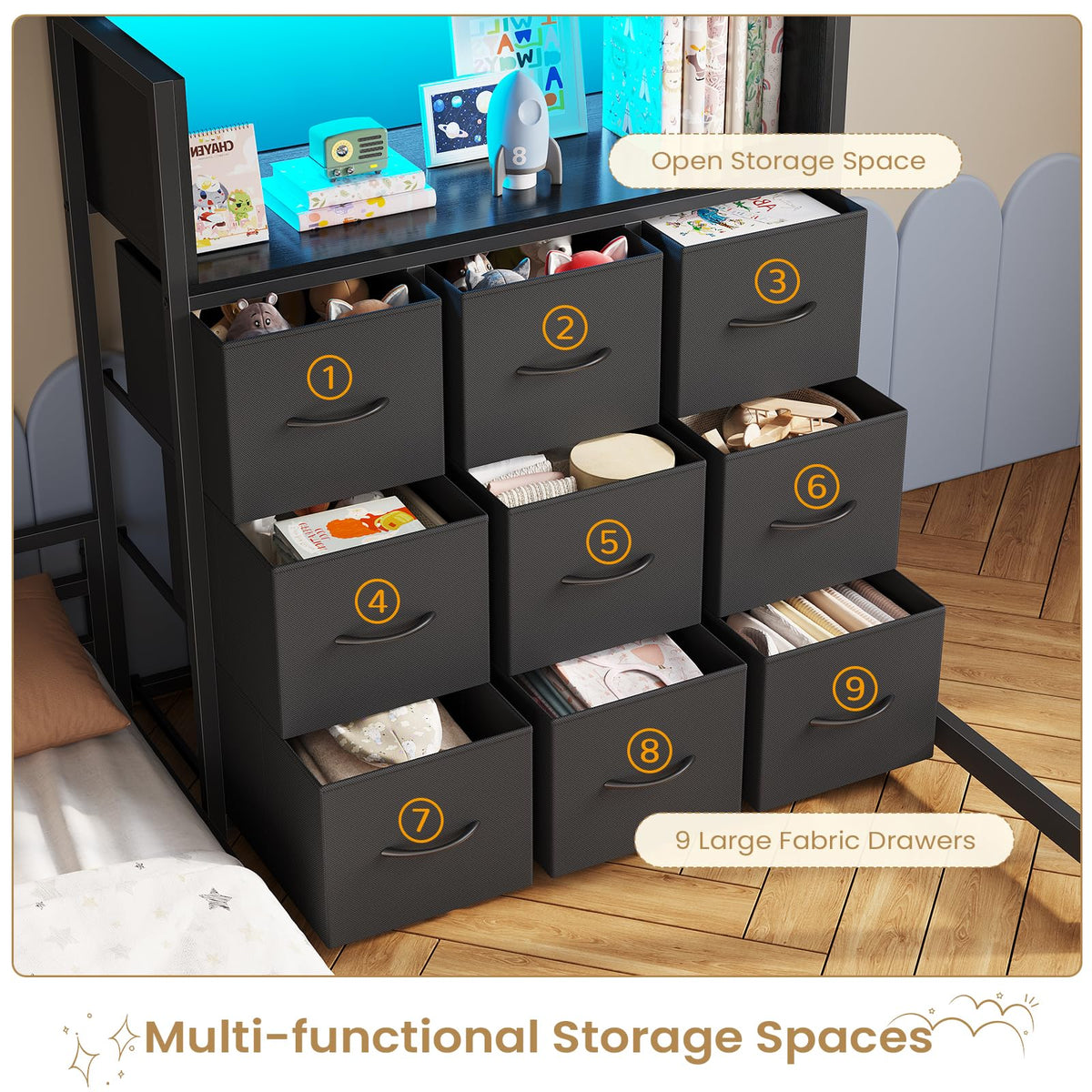 Twin Over Twin L-Shaped Bunk Bed with 9 Storage Drawers, LED Lights, Guardrail & Ladder, Black C5200