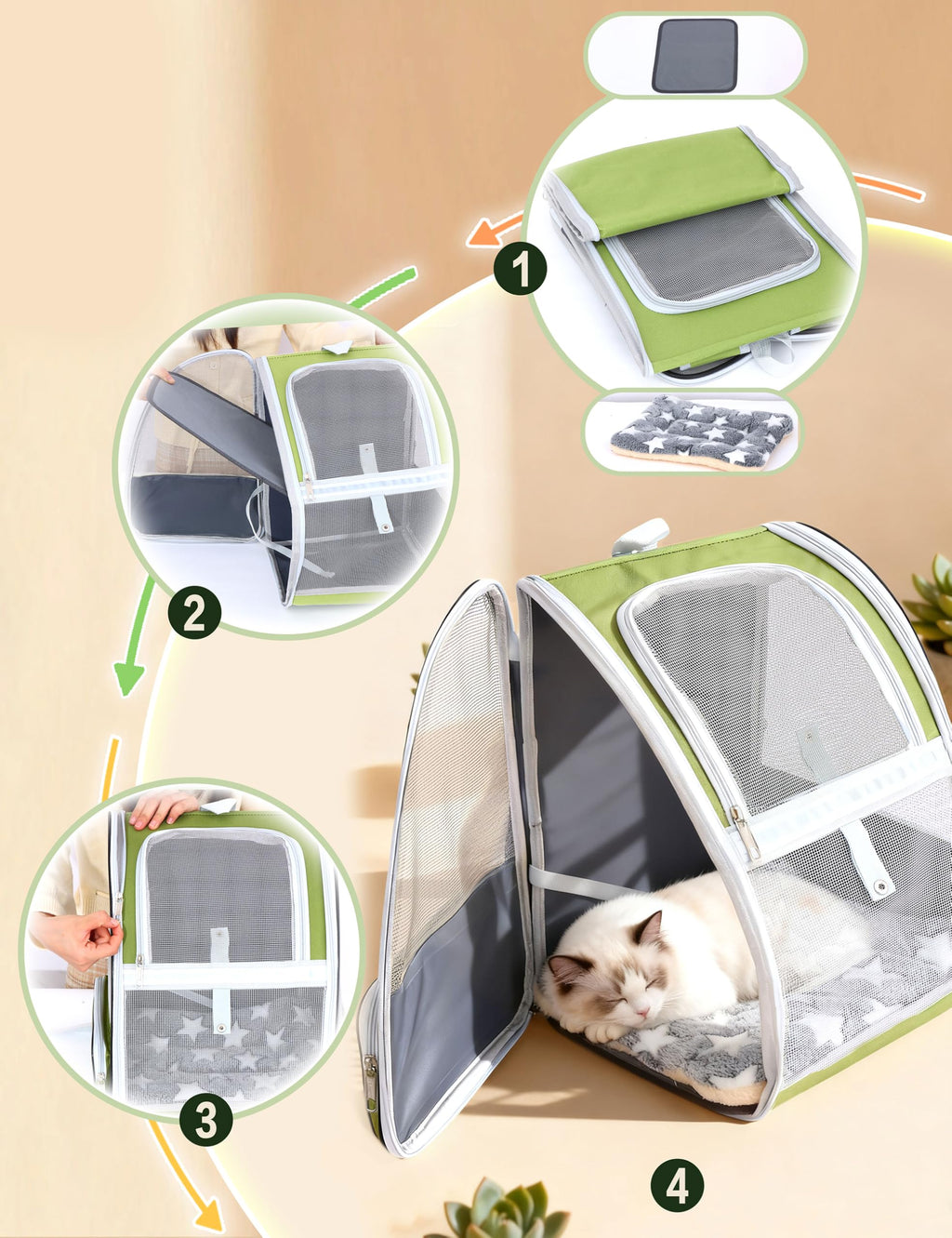 Cat Backpack Carrier with Washable Bed Mat Green L381