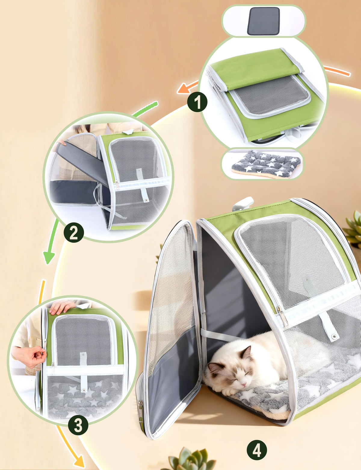 Cat Backpack Carrier with Washable Bed Mat Green L381