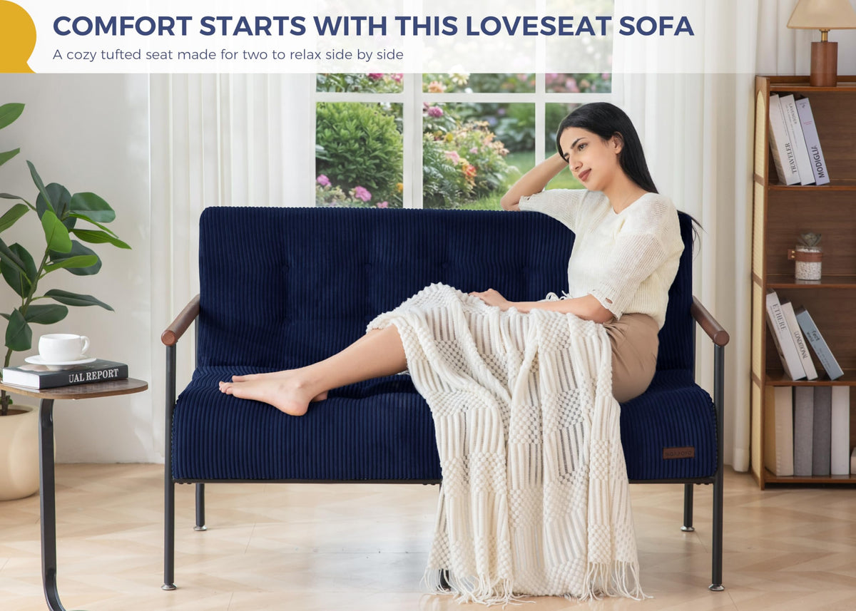 Loveseat Sofa Chair with Metal Frame and Wood Armrests S5869