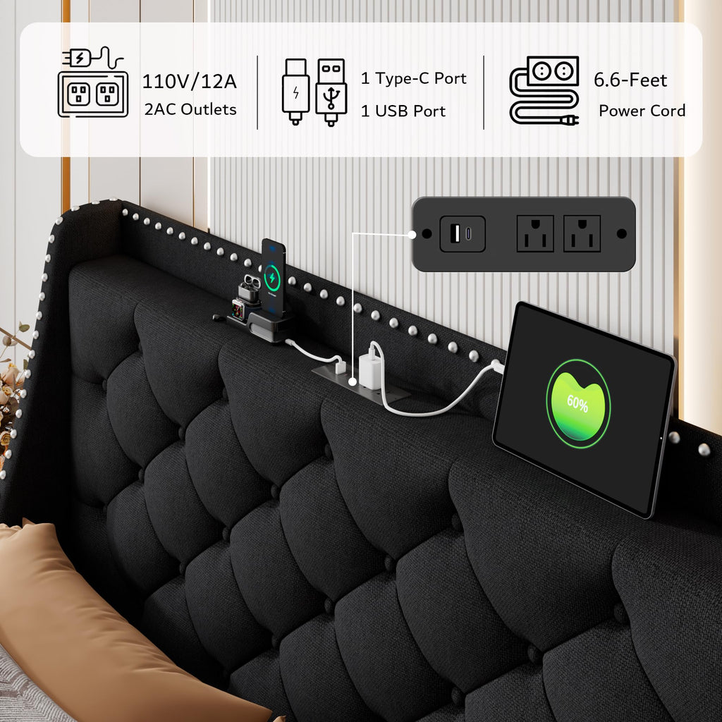 Queen Upholstered Platform Bed with Storage Headboard, Black P9494