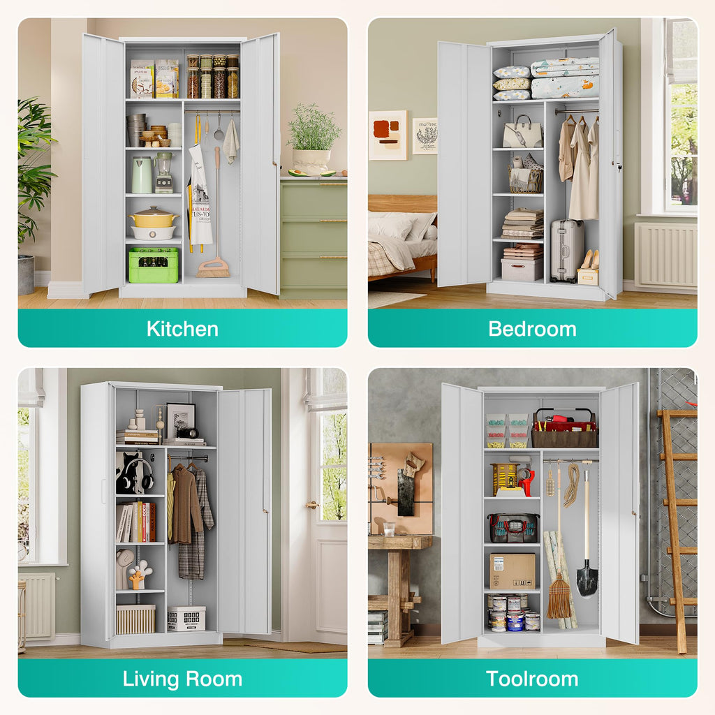 White Metal Storage Cabinet with Hanging Rod and Lock E254387