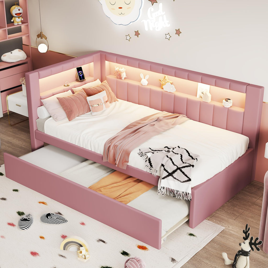 Twin Size Upholstered Linen Daybed with Trundle and Storage Headboard Z4491