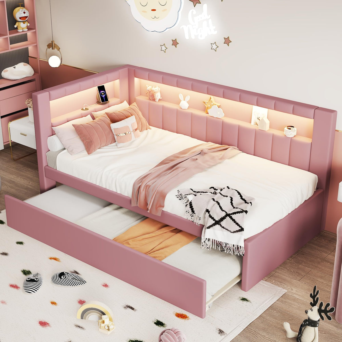Twin Size Upholstered Linen Daybed with Trundle and Storage Headboard Z4491