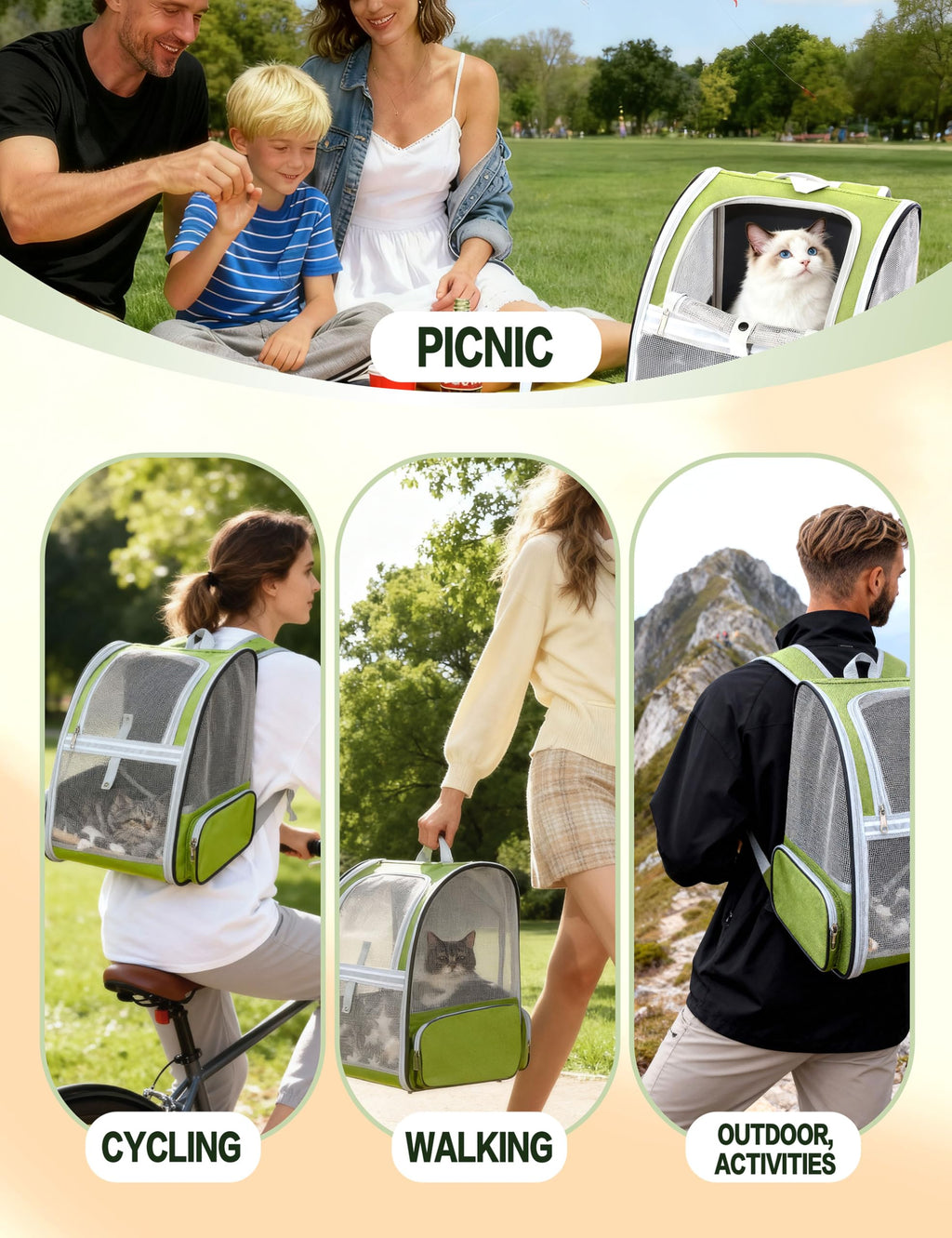 Cat Backpack Carrier with Washable Bed Mat Green L381