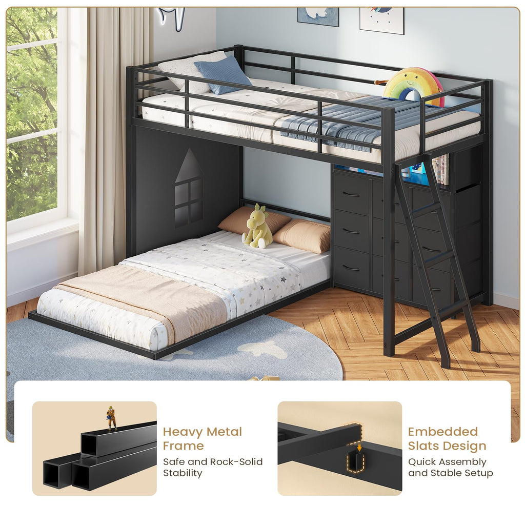 Twin Over Twin L-Shaped Bunk Bed with 9 Storage Drawers, LED Lights, Guardrail & Ladder, Black C5200