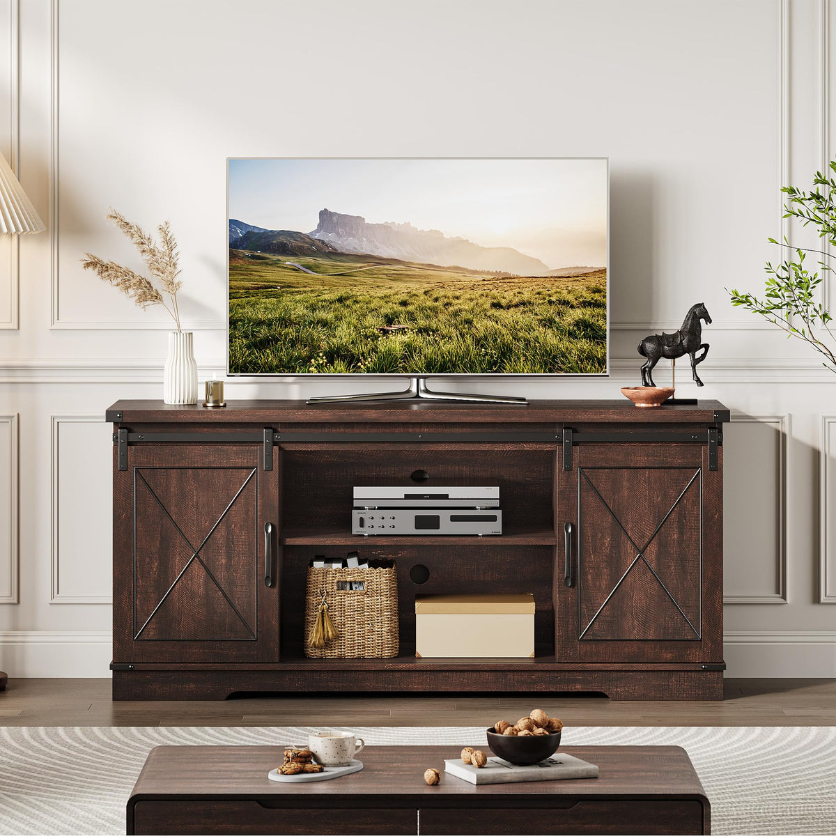 Farmhouse TV Stand with Sliding Barn Doors A602059