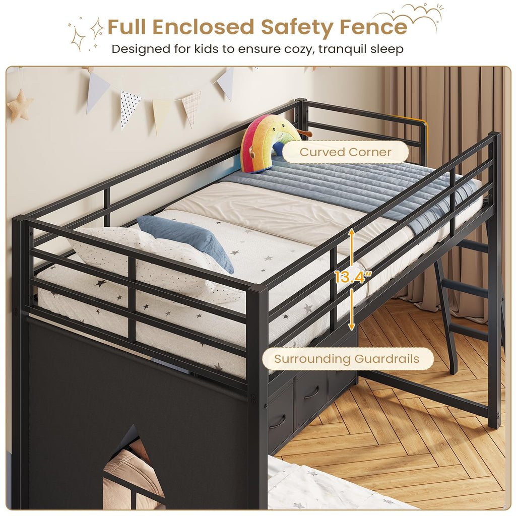 Twin Over Twin L-Shaped Bunk Bed with 9 Storage Drawers, LED Lights, Guardrail & Ladder, Black C5200