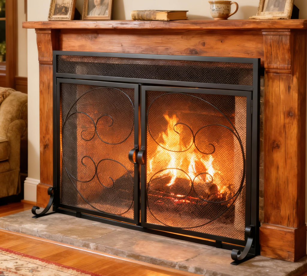 Wrought Iron Fireplace Screen with Magnetic Double Doors Black G1919