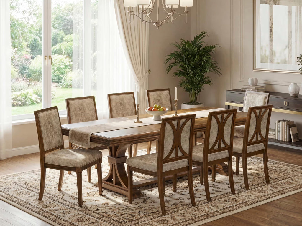 9 Piece Dining Table Set with 8 Light Beige Fabric Chairs X189