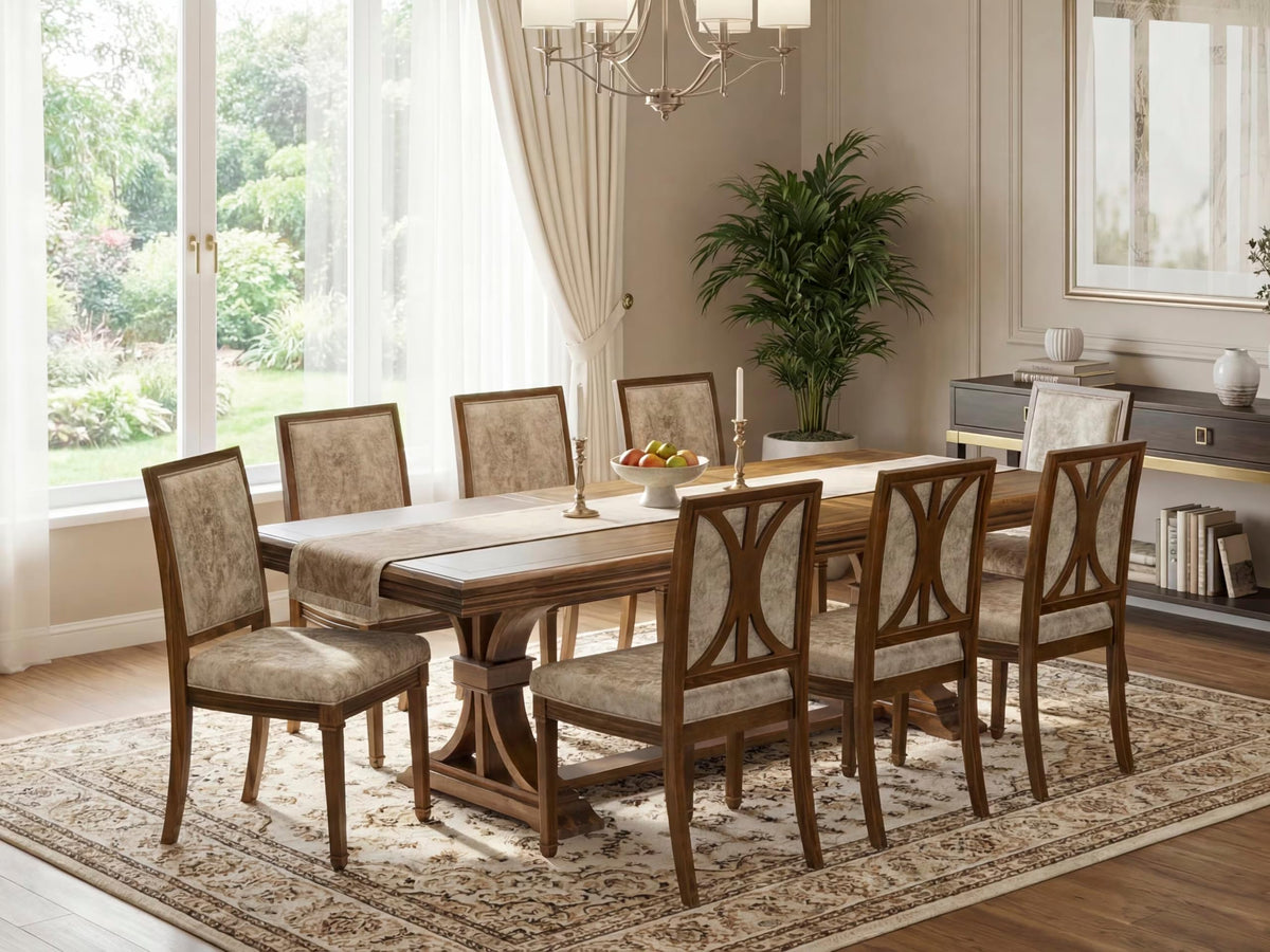 9 Piece Dining Table Set with 8 Light Beige Fabric Chairs X189