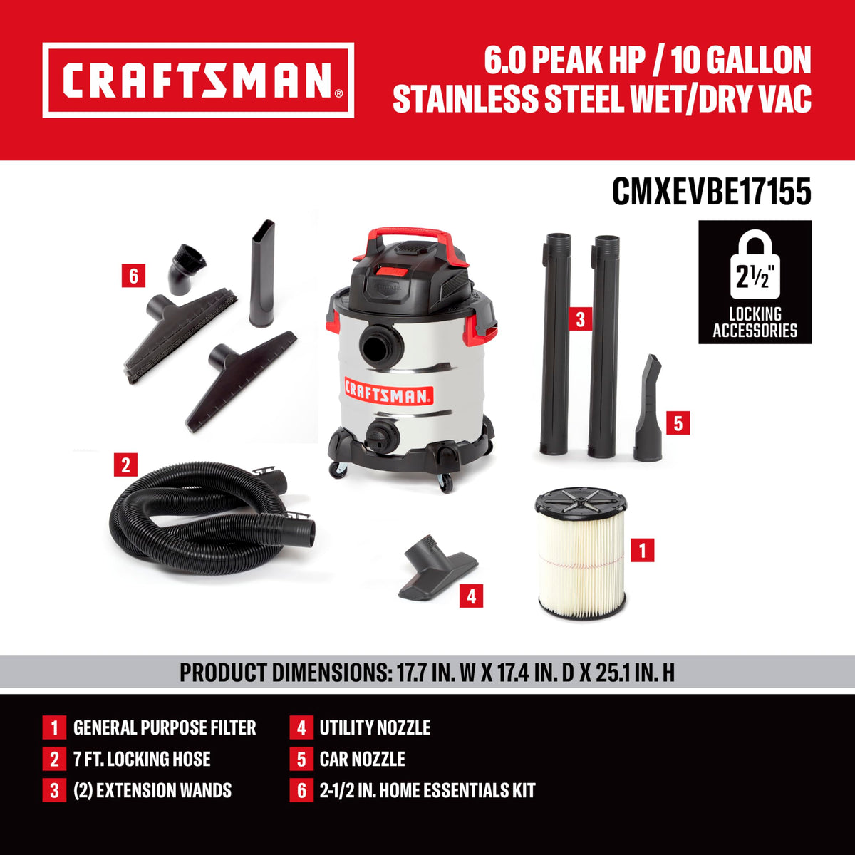 10 Gallon 6.0 Peak HP Stainless Steel Vacuum X130797