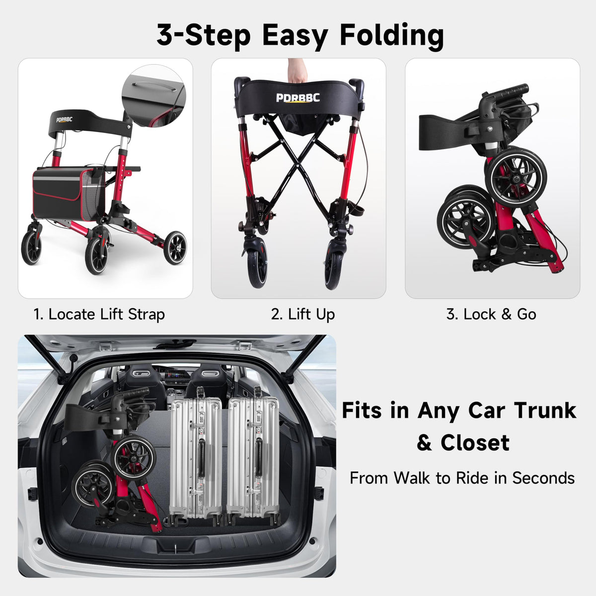 Red Foldable Lightweight Aluminum Rollator Walker with Seat and Brakes D4072