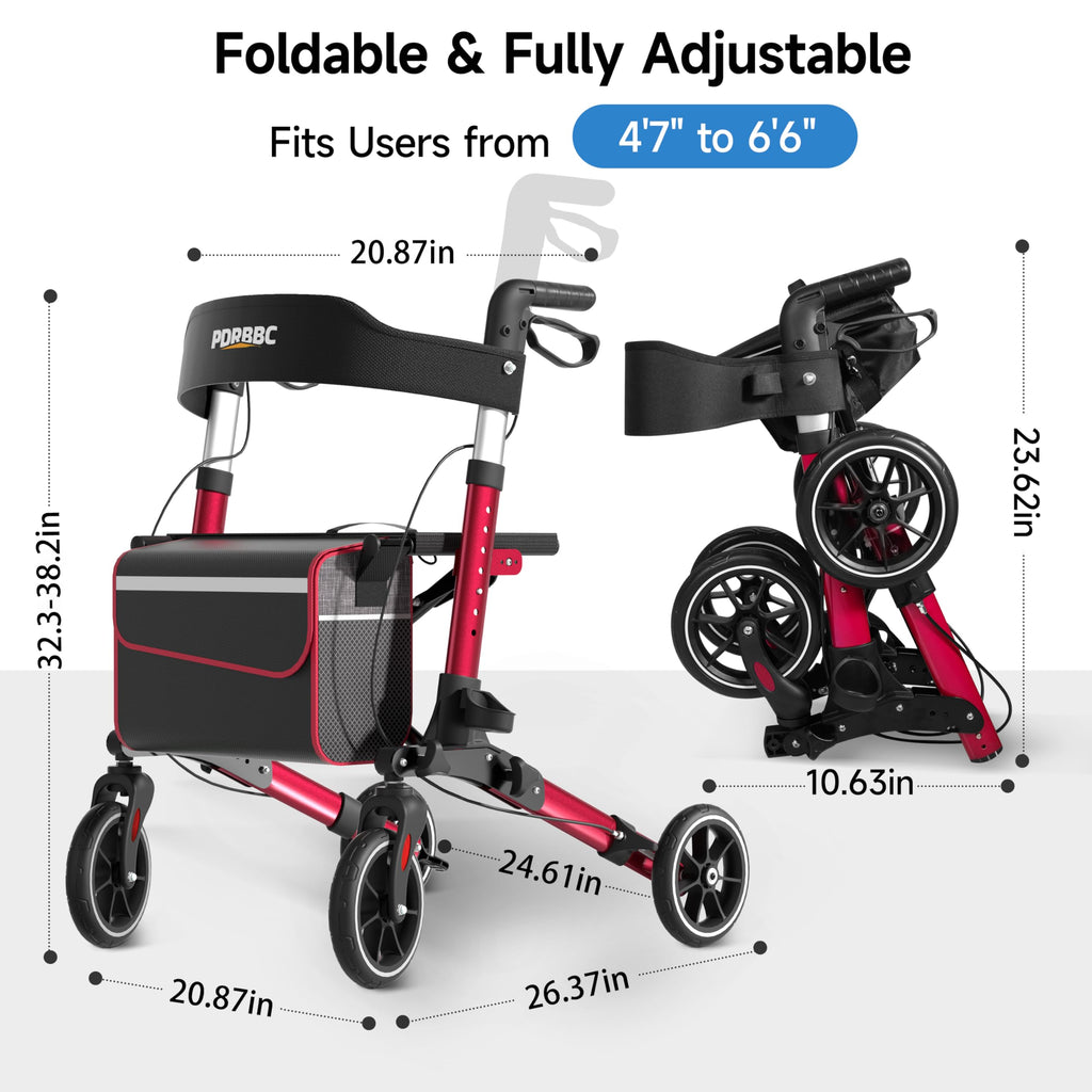 Red Foldable Lightweight Aluminum Rollator Walker with Seat and Brakes D4072