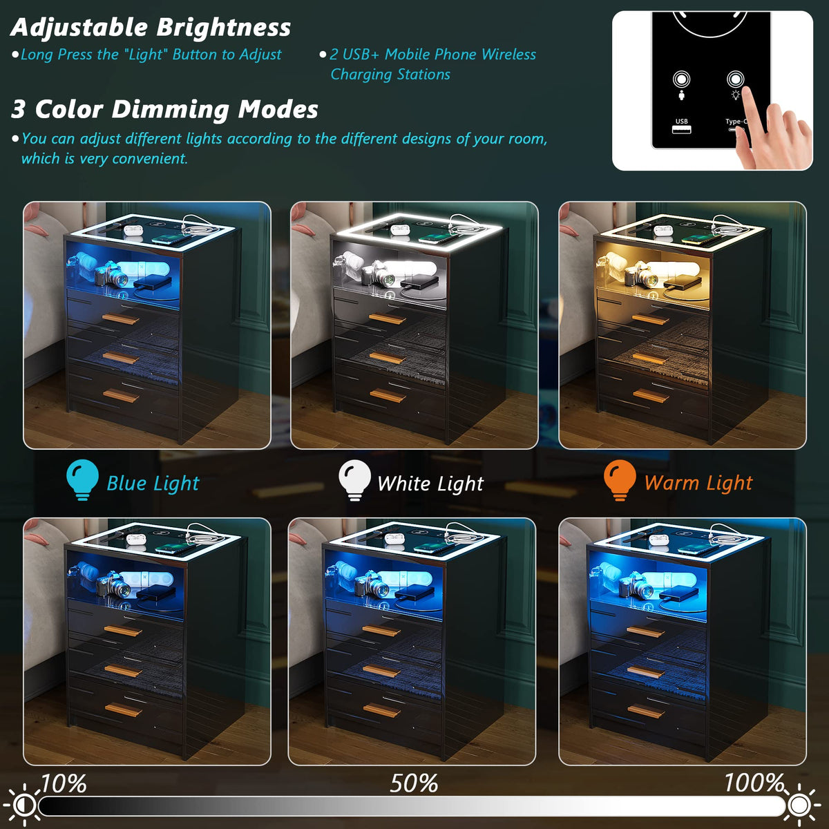 Black High Gloss Nightstand with Wireless Charging Station N47495