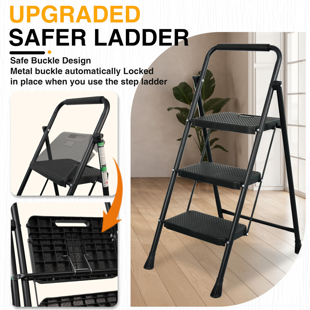 Portable Steel Folding Step Stool, 3-Step, Black Z988