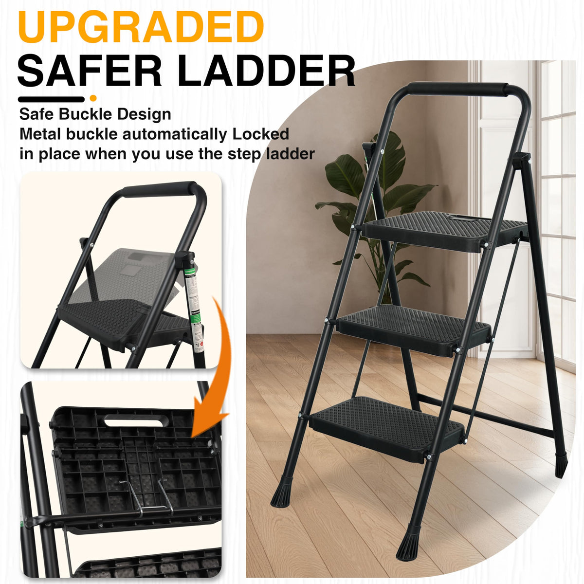 Portable Steel Folding Step Stool, 3-Step, Black Z988