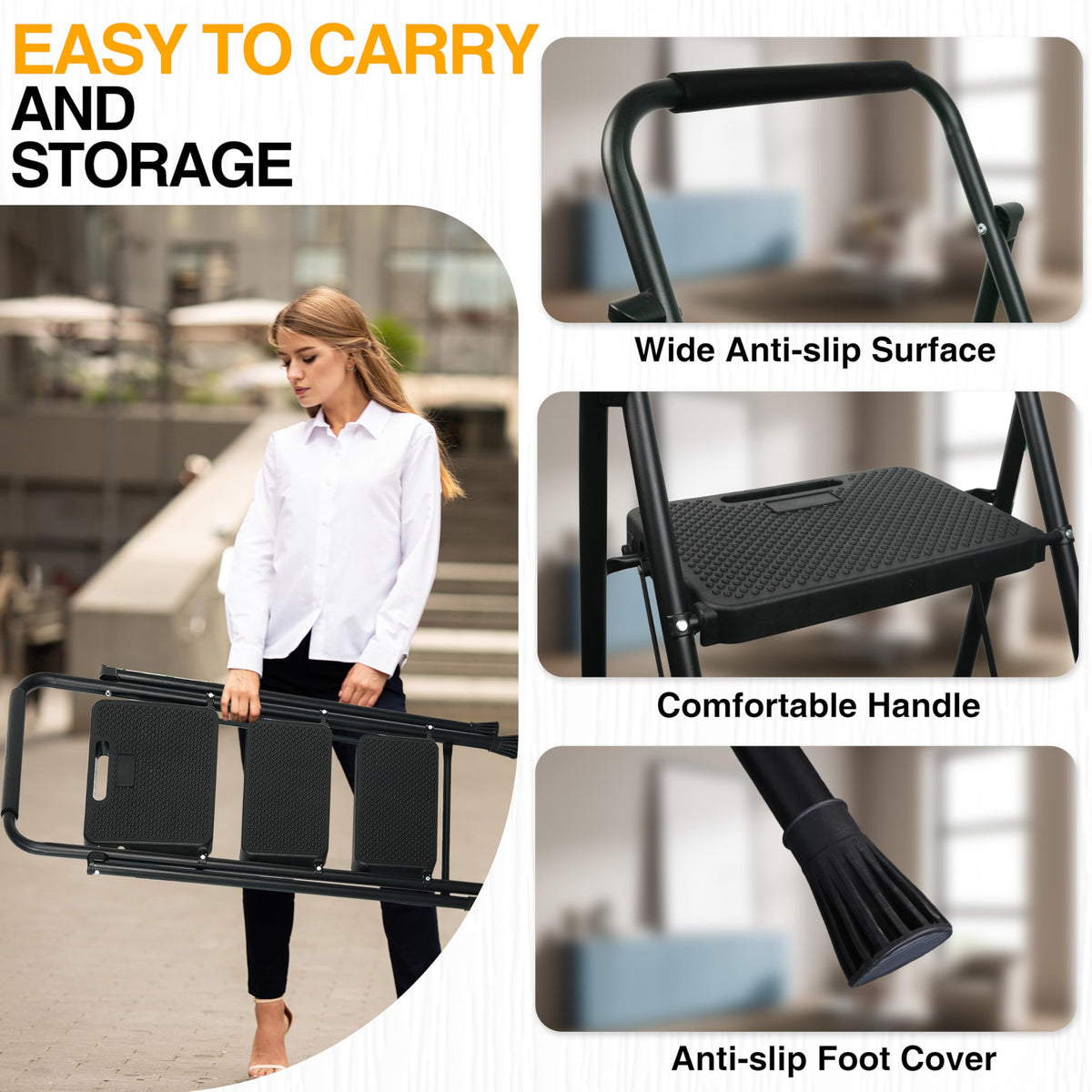 Portable Steel Folding Step Stool, 3-Step, Black Z988