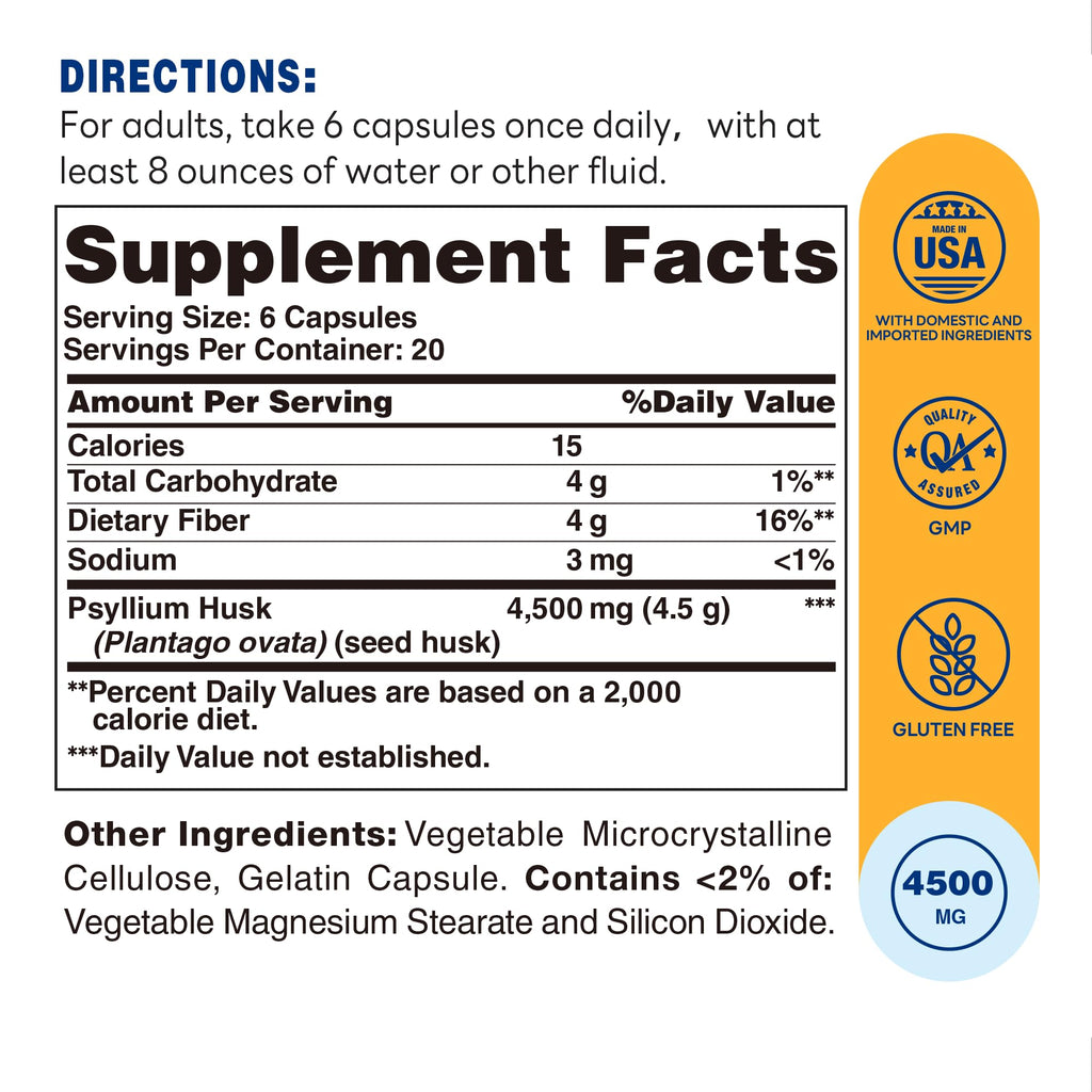 Psyllium Husks Capsules 4500 mg 120 Capsules N6982