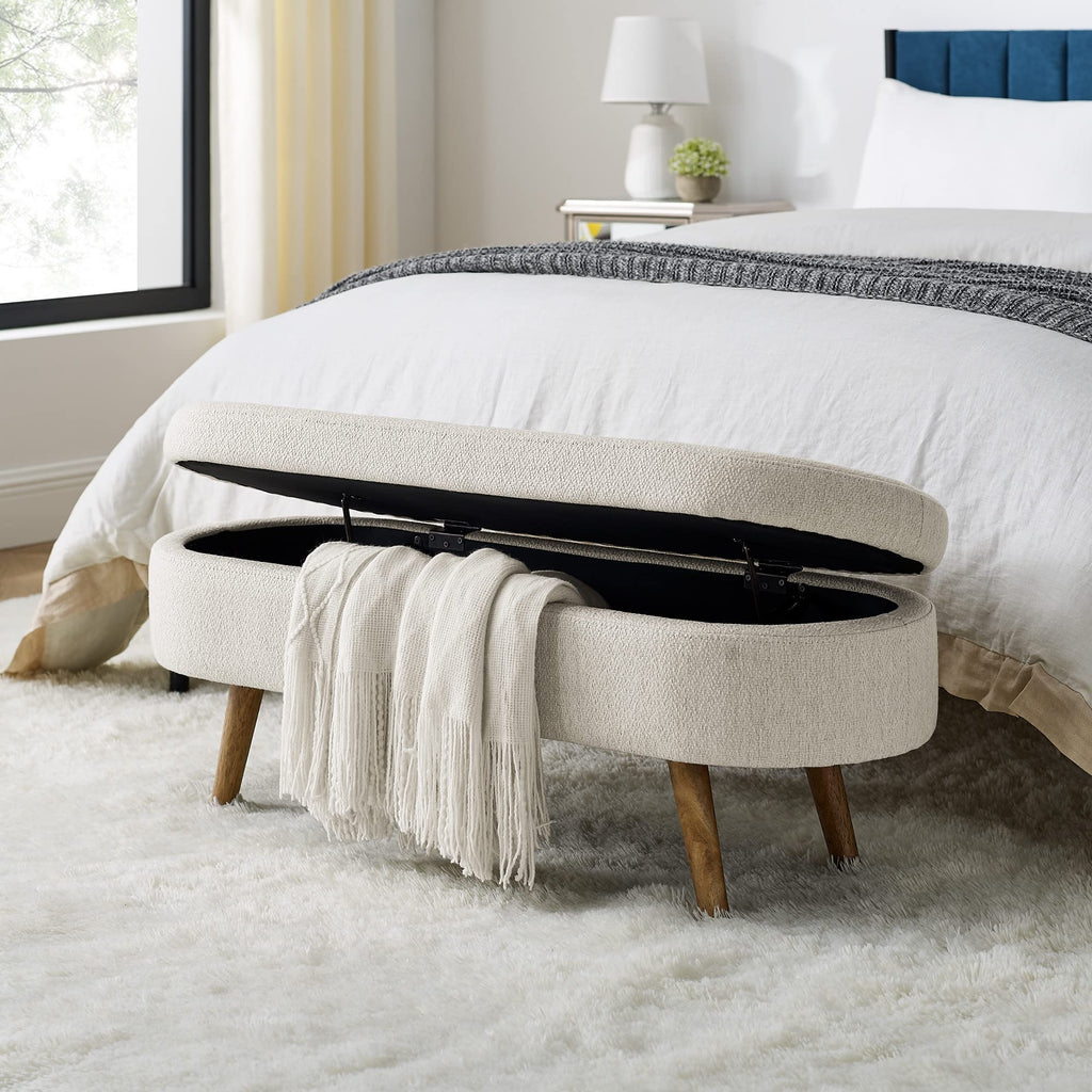 Beige Oval Storage Ottoman Bench with Rubber Wood Legs U7048