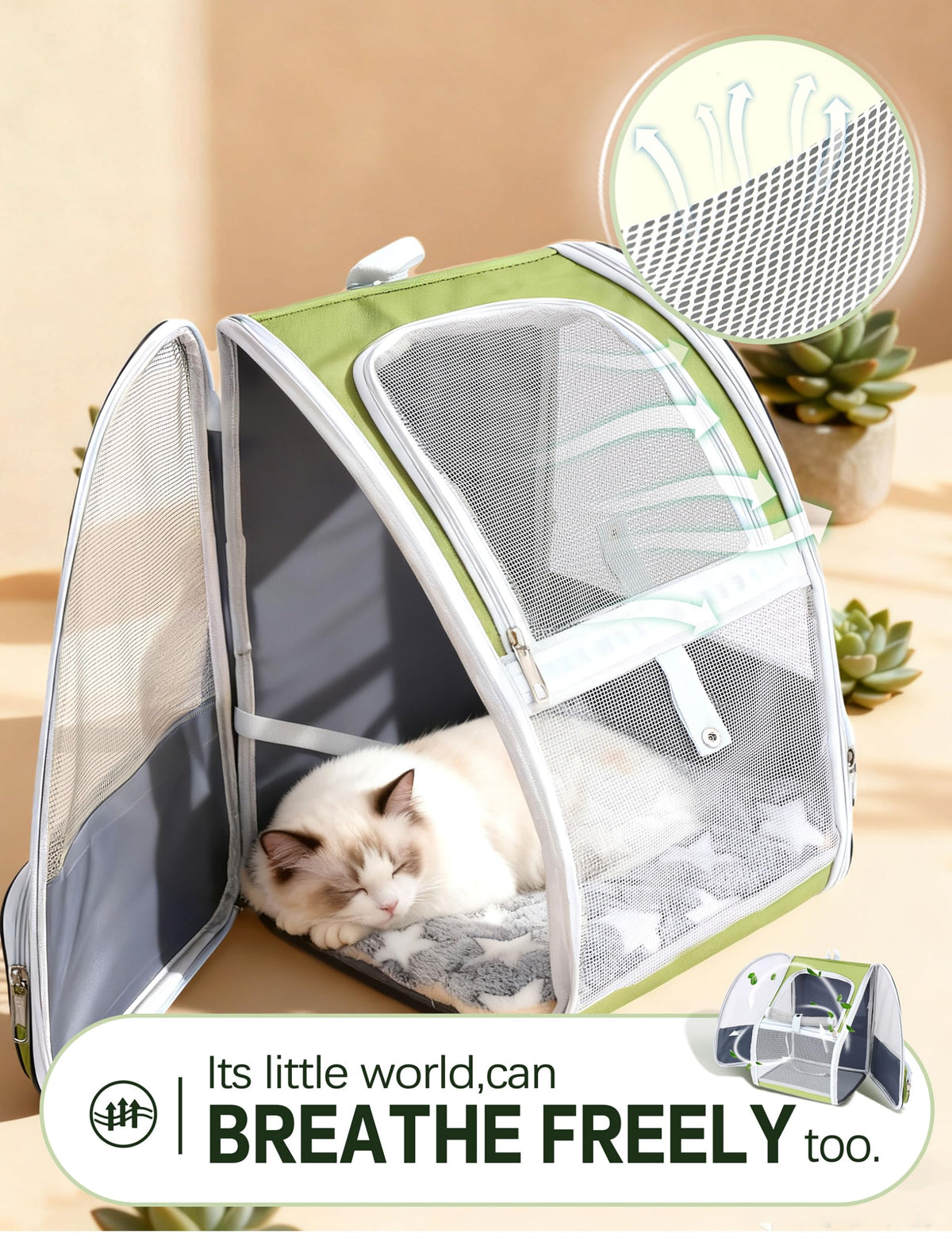 Cat Backpack Carrier with Washable Bed Mat Green L381