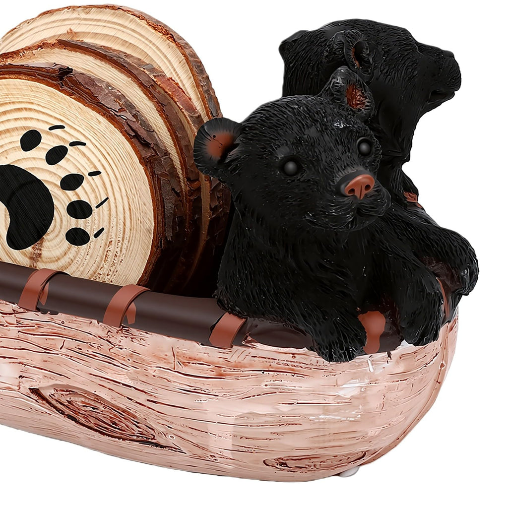 Set of 6 Black Bear Coaster Set with Canoe Holder F11059