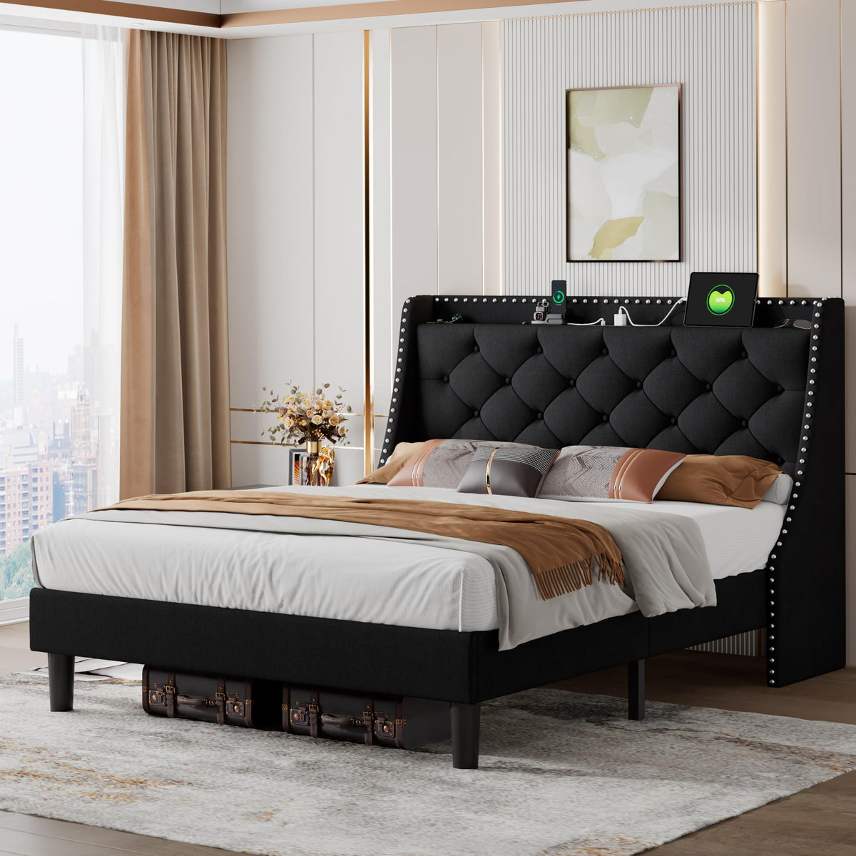 Queen Upholstered Platform Bed with Storage Headboard, Black P9494