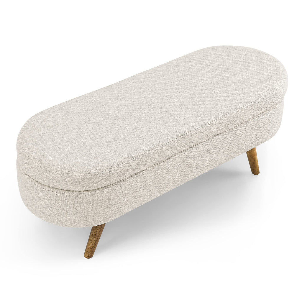 Beige Oval Storage Ottoman Bench with Rubber Wood Legs U7048