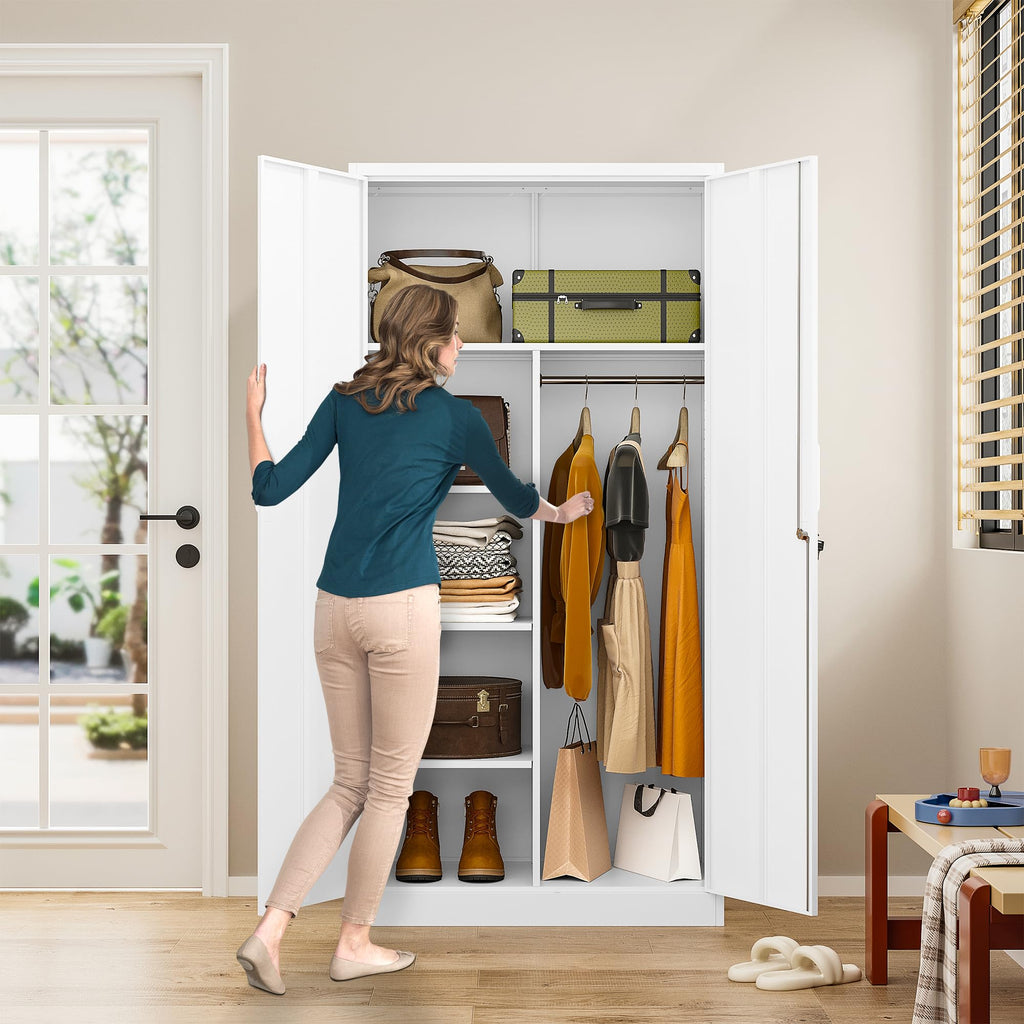 White Metal Storage Cabinet with Hanging Rod and Lock E254387