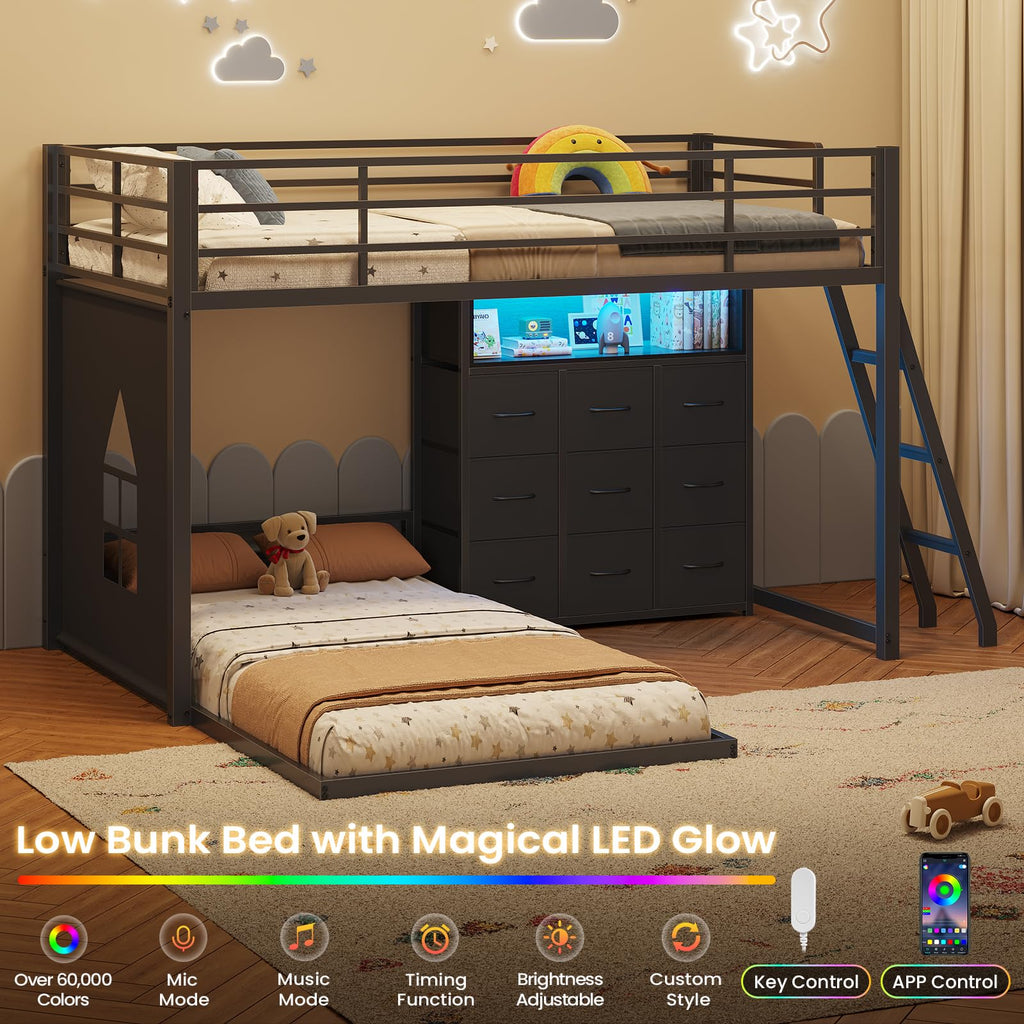 Twin Over Twin L-Shaped Bunk Bed with 9 Storage Drawers, LED Lights, Guardrail & Ladder, Black C5200