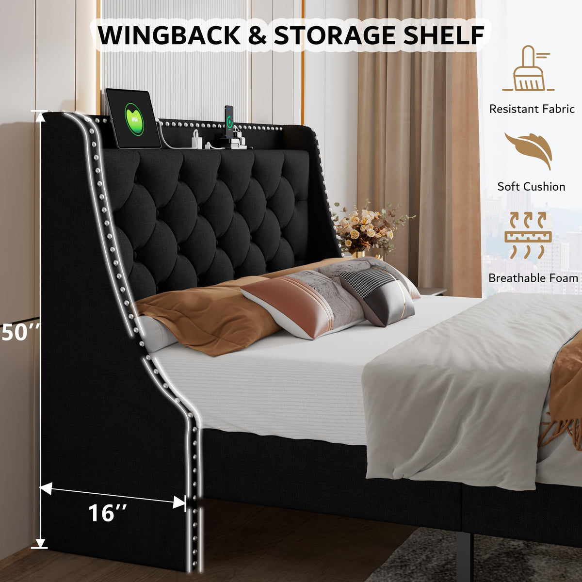 Queen Upholstered Platform Bed with Storage Headboard, Black P9494