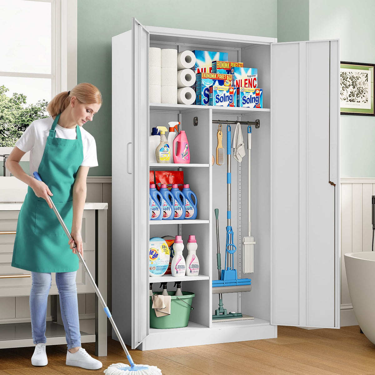 White Metal Storage Cabinet with Hanging Rod and Lock E254387