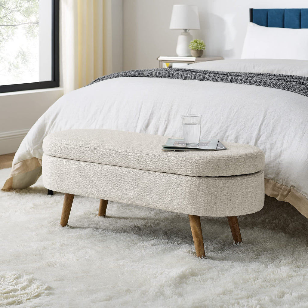 Beige Oval Storage Ottoman Bench with Rubber Wood Legs U7048