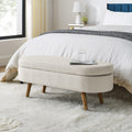 Beige Oval Storage Ottoman Bench with Rubber Wood Legs U7048
