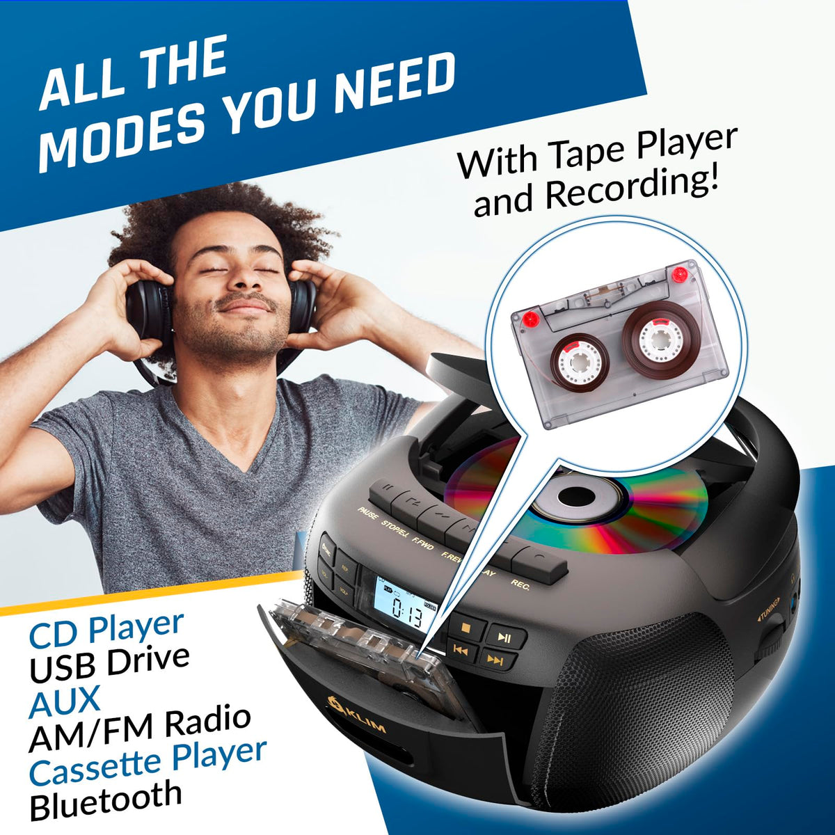 Black CD Cassette Player Boombox with Bluetooth and AM FM Radio E97832