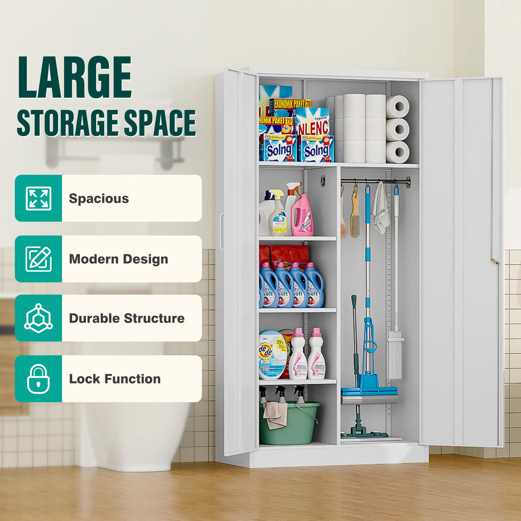 White Metal Storage Cabinet with Hanging Rod and Lock E254387