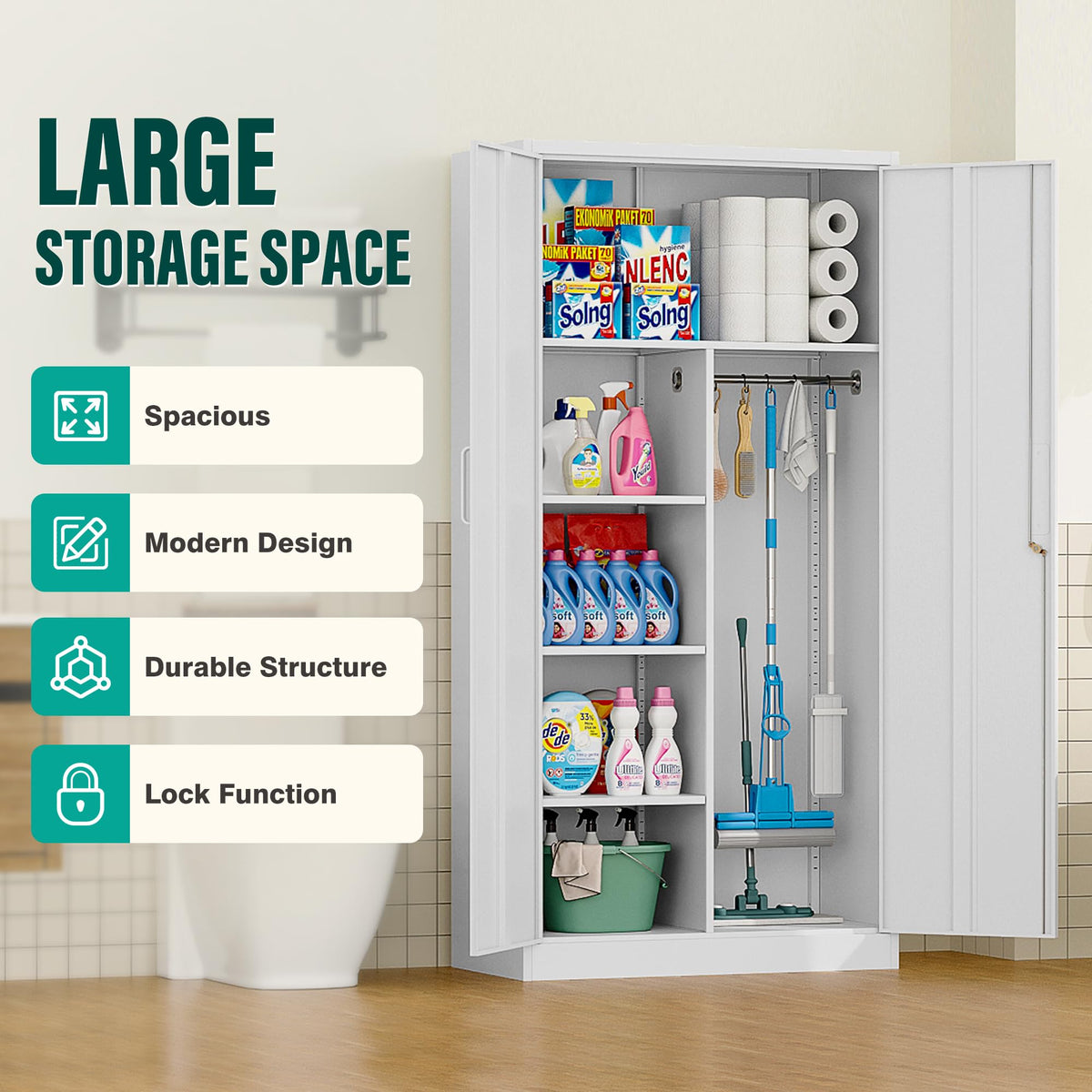 White Metal Storage Cabinet with Hanging Rod and Lock E254387