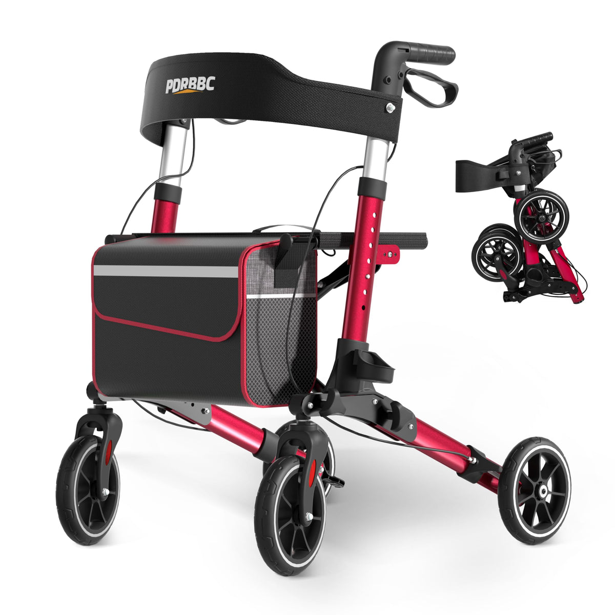 Red Foldable Lightweight Aluminum Rollator Walker with Seat and Brakes D4072