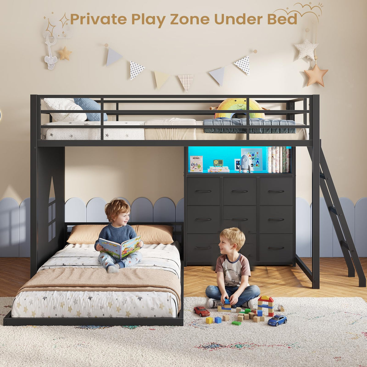 Twin Over Twin L-Shaped Bunk Bed with 9 Storage Drawers, LED Lights, Guardrail & Ladder, Black C5200