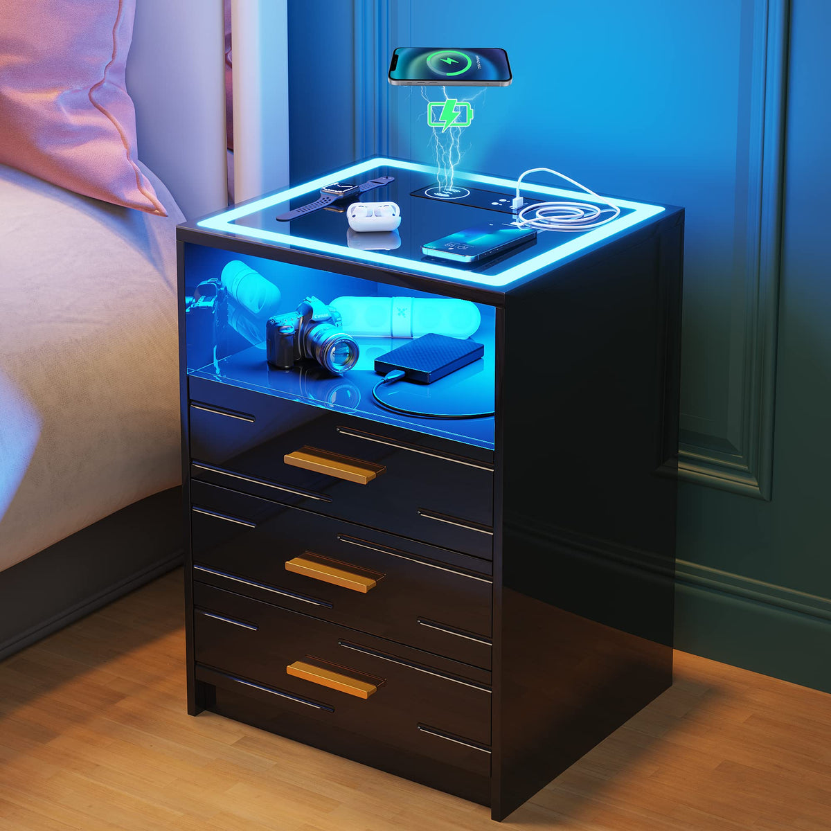 Black High Gloss Nightstand with Wireless Charging Station N47495