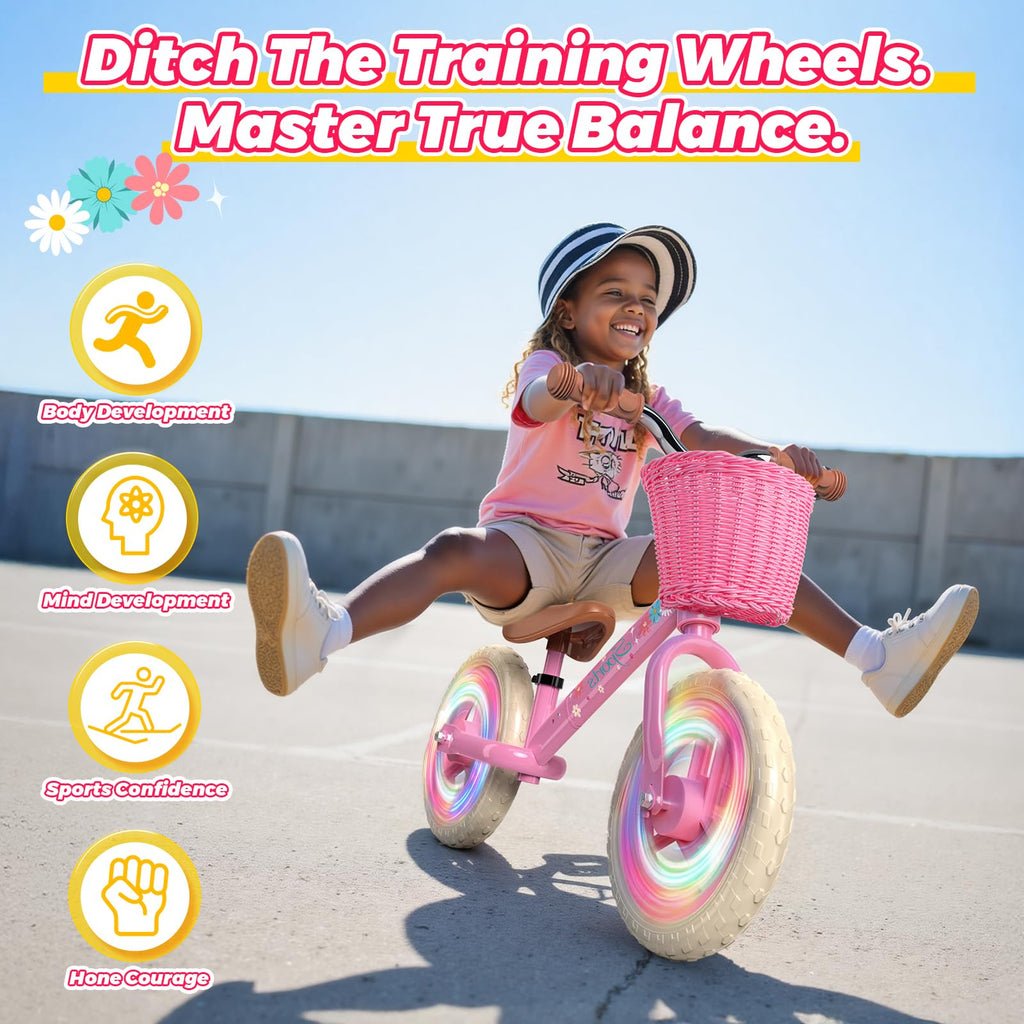 Toddler Balance Bike with Fender, Adjustable Seat/Handlebar, Flat-Free LED Tires I67523