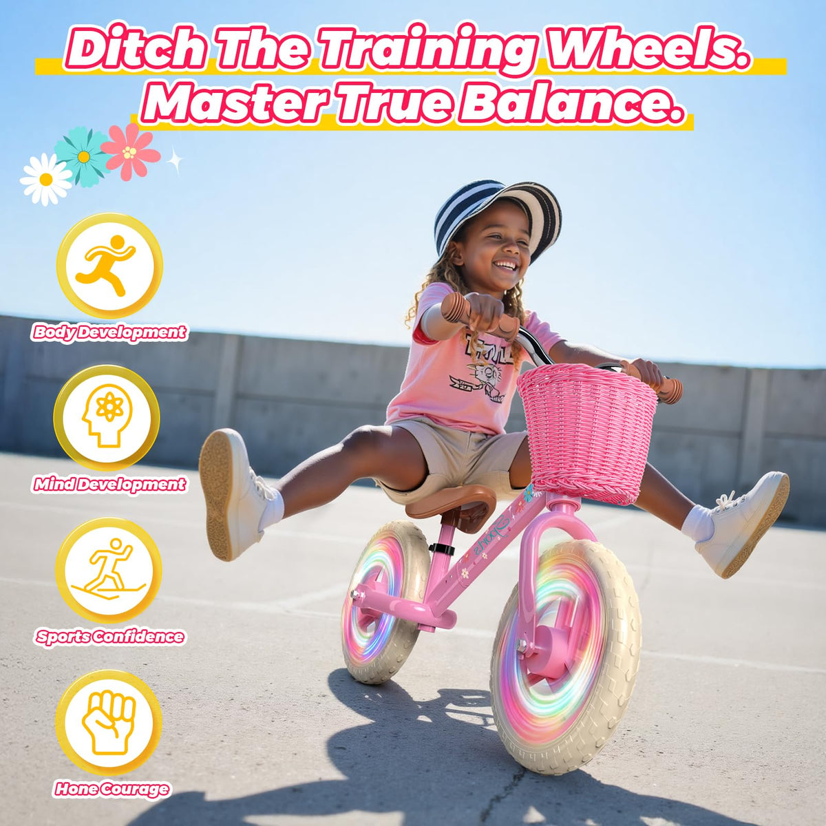 Toddler Balance Bike with Fender, Adjustable Seat/Handlebar, Flat-Free LED Tires I67523