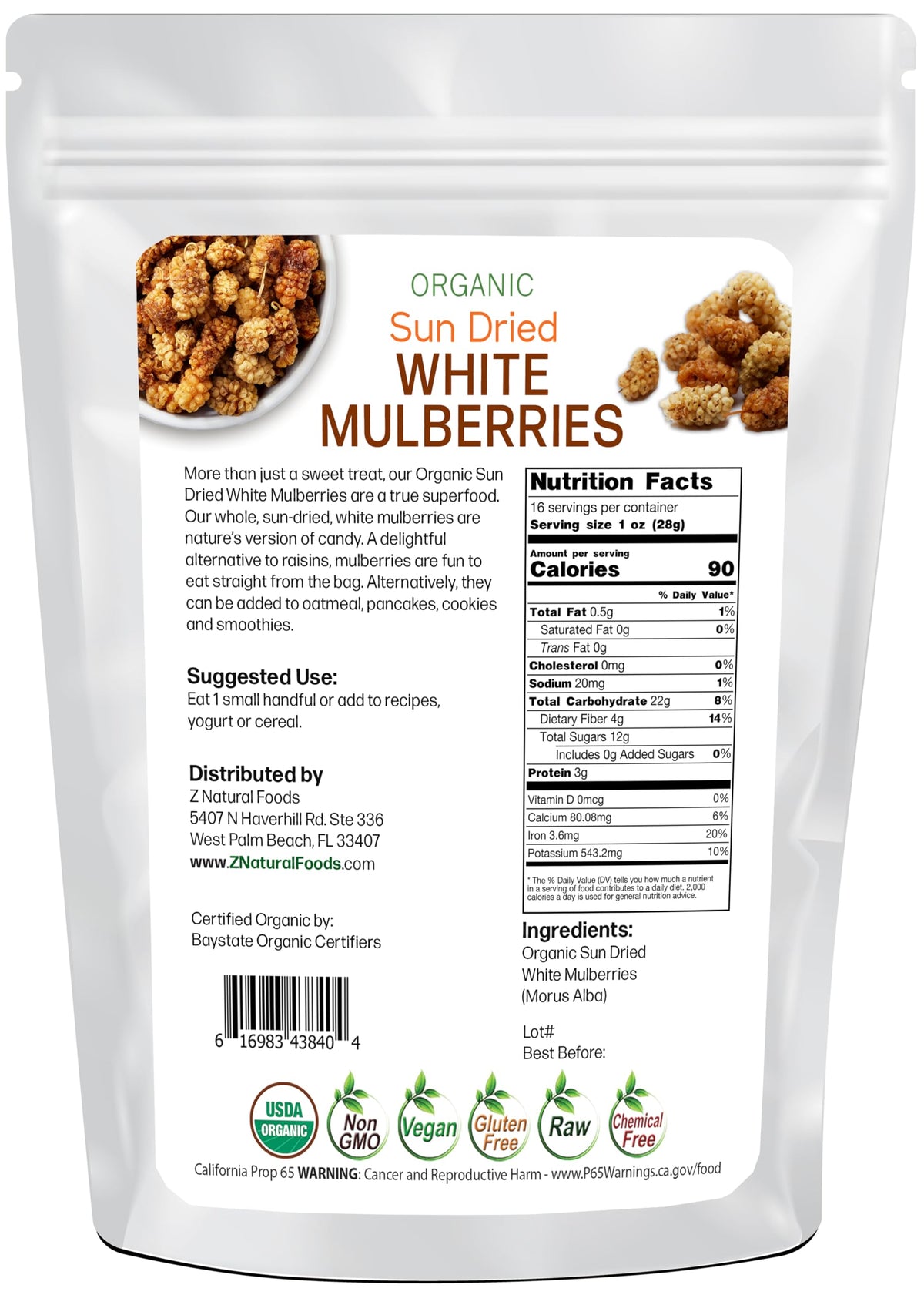 Organic White Mulberries Sun Dried 1 lb D9823